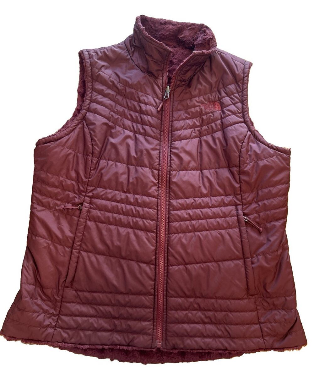The North Face Vest Womens Maroon Fleece Reversible Quilted FullZip Jacket Sz XL